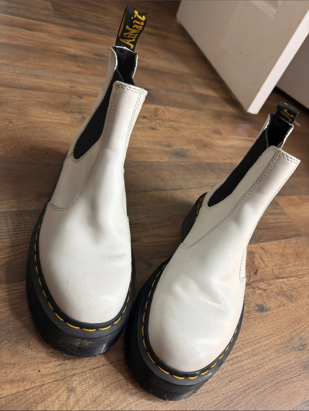 Dr. Martens White Leather Chelsea Lug Boots with Yellow Stitching